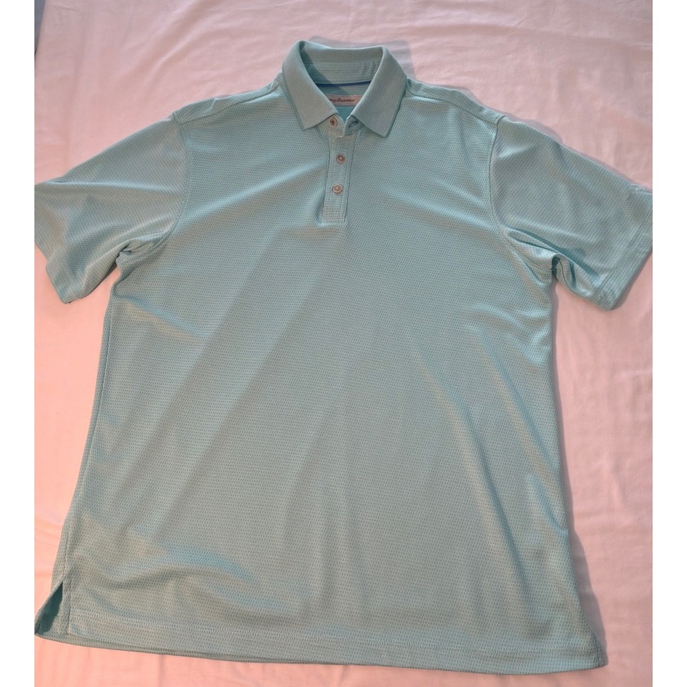 Tommy Bahama Mens Aqua Blue Textured Short Sleeve Polo Shirt Size Medium